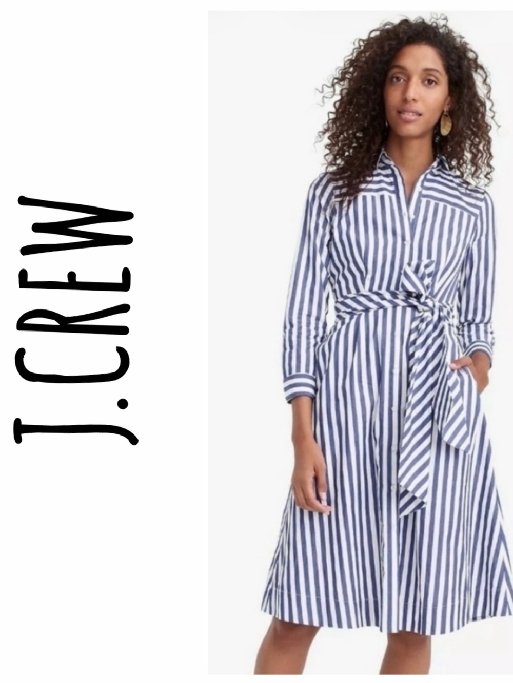 J. Crew Navy and White Striped Tie-Waist Shirt Dress